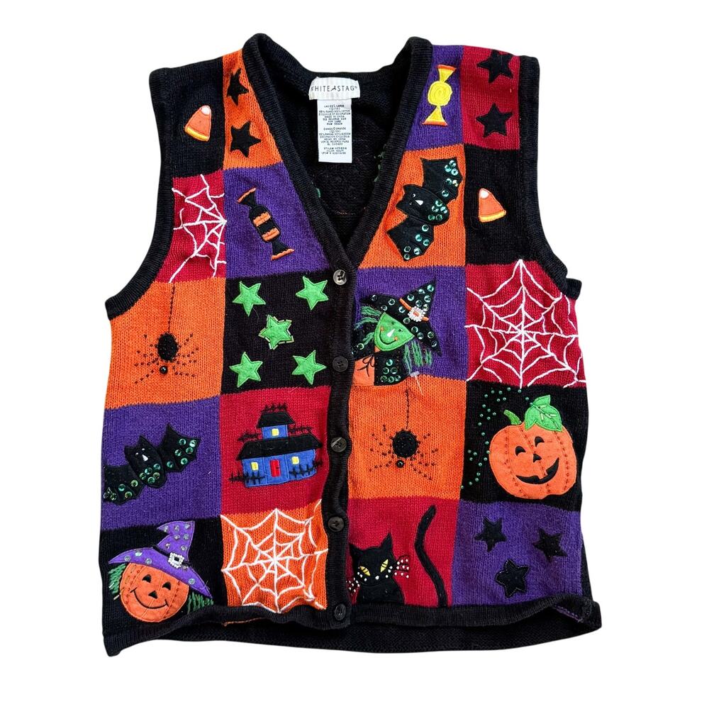 Vtg 1990s White Stag Halloween Patchwork Knit Sweater Vest Size Large